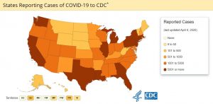 * Data include both confirmed and presumptive positive cases of COVID-19 reported to CDC or tested at CDC since January 21, 2020, with the exception of testing results for persons repatriated to the United States from Wuhan, China and Japan. State and local public health departments are now testing and publicly reporting their cases. In the event of a discrepancy between CDC cases and cases reported by state and local public health officials, data reported by states should be considered the most up to date.  †Self-reported by health department characterizing the level of community transmission in their jurisdiction as: “Yes, widespread” (defined as: widespread community transmission across several geographical areas); “Yes, defined area(s)” (defined as: distinct clusters of cases in a, or a few, defined geographical area(s)); “Undetermined” (defined as: 1 or more cases but not classified as “Yes” to community transmission); or “N/A” (defined as: no cases).
