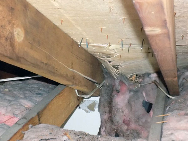 Rafter, drywall, and roof sheathing fractures resulting from primary trunk contact in an example of older house construction